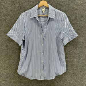 Worthington Shirt Women L Large Blue Striped Button Up Collared Short Sleeve